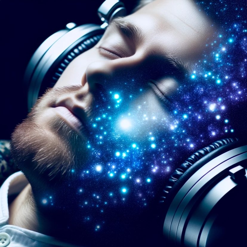 Photo of a person lying in bed, eyes closed, wearing sleep headphones, with a soft glow representing the deep sleep preset.