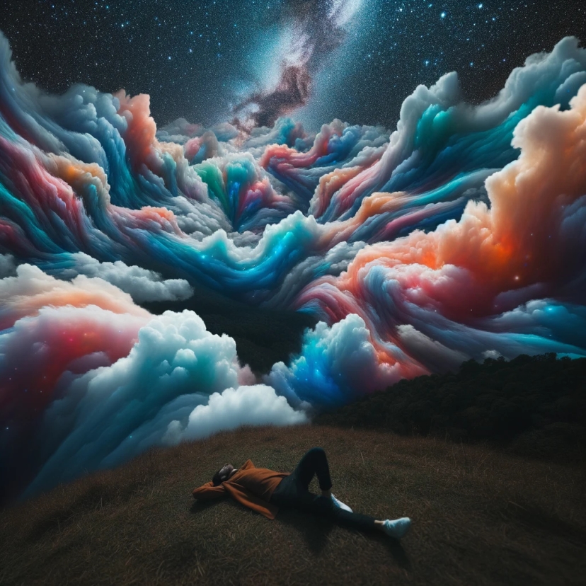 Photo of a person lying peacefully under a blanket of stars, with dreamlike clouds forming vibrant artistic patterns above them.