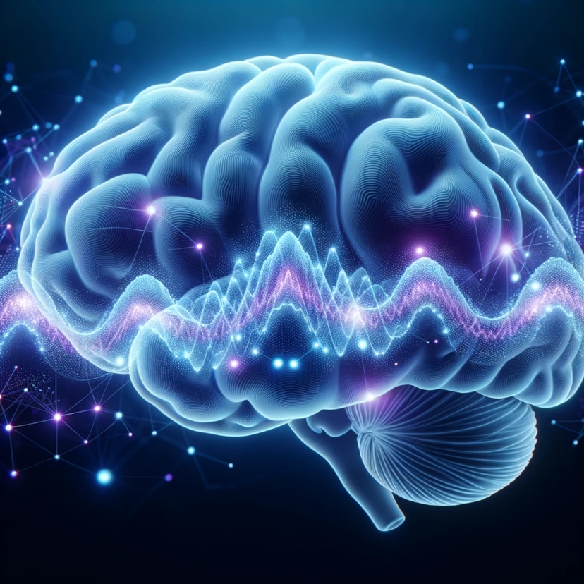 Photo of a cross-section of the human brain, illuminated in soft blues and purples, representing deep sleep stages. Graphics of sleep waves intermingle with neural connections, highlighting the restorative aspects of deep sleep on brain health.