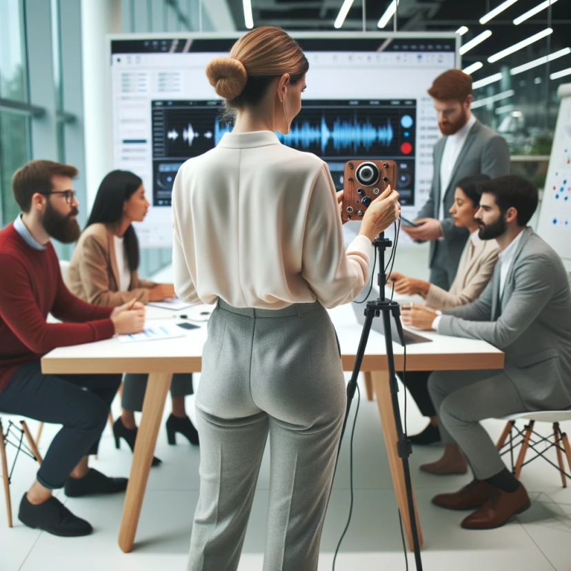 Photo of a female professional setting up a device to play binaural beats in a collaborative workspace, with her team eagerly awaiting.