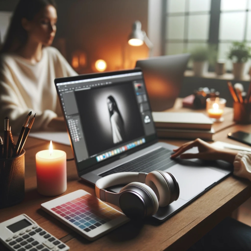 Photo of a serene workspace with headphones on the desk, a lit candle, and a laptop open to a design software, with a female designer in the background working.